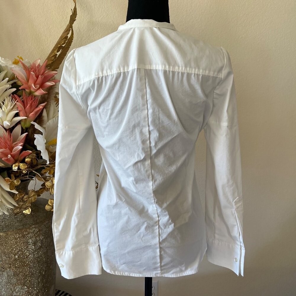 George Stretch Minimalist Pointed Collar Pleated Front Hidden Button Career Top - Picture 3 of 9